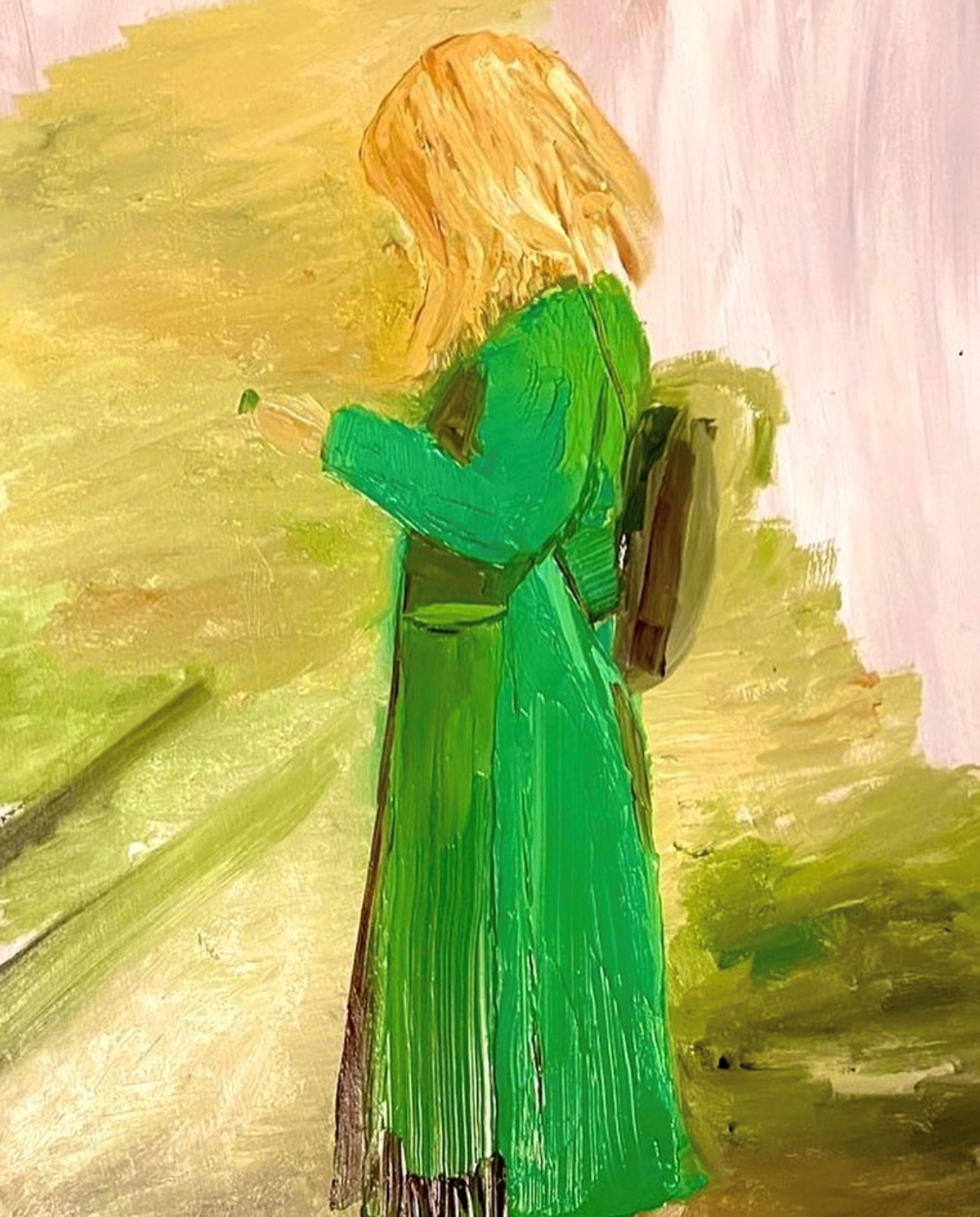 SOLD. 2023. 'The woman in the green coat'. Scrylic on board. 50cm x 70cm.