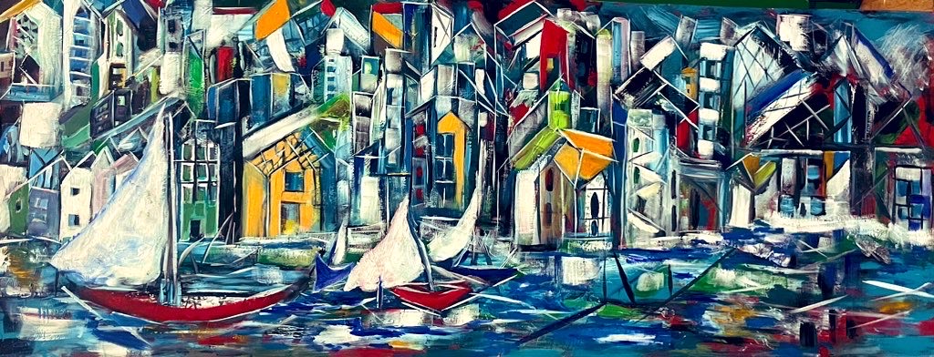 SOLD 'Port stories' (2023). Acrylic on found wood panel. 80cm x 30cm